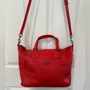 Coach Mickie Tote with Crossbody Strap Orange Leather Gunmetal Hardware